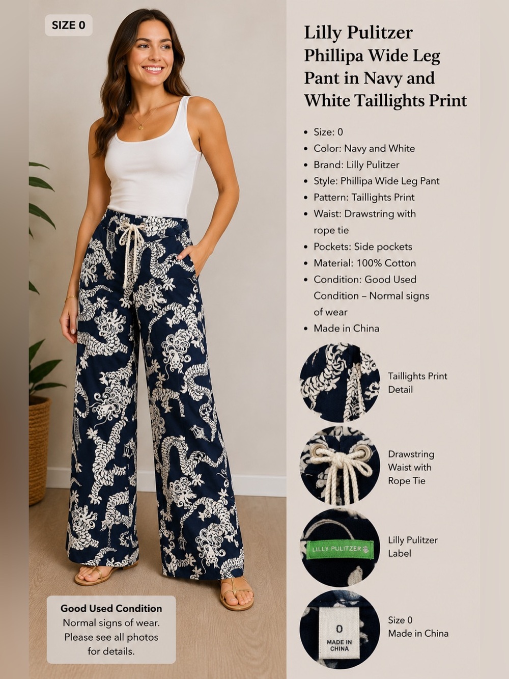 Lilly Pulitzer Phillipa Wide Leg Pant in Navy and White Taillights print